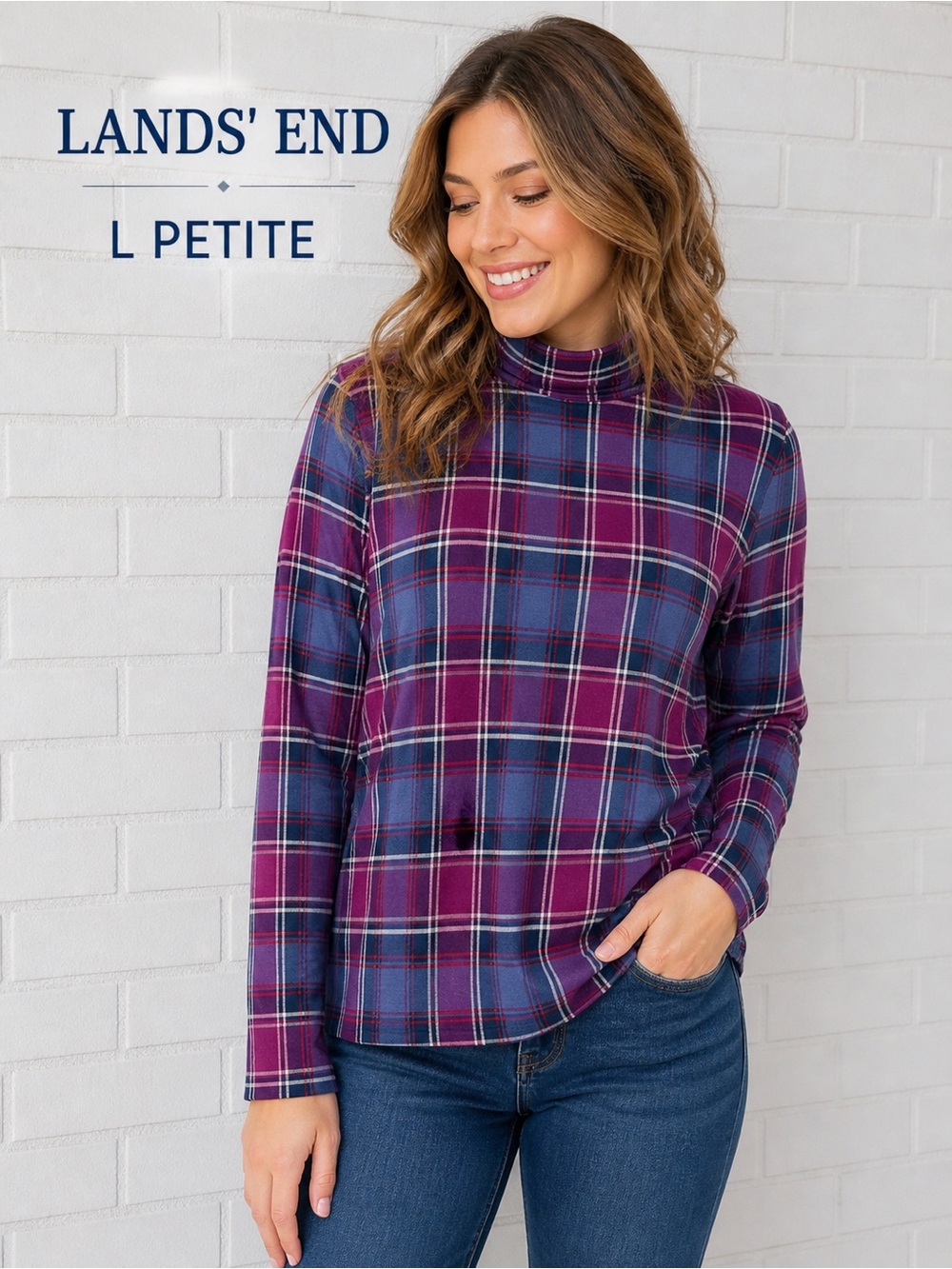Lands' End Plaid Turtleneck Top Size L Petite purple Red Stretch casual